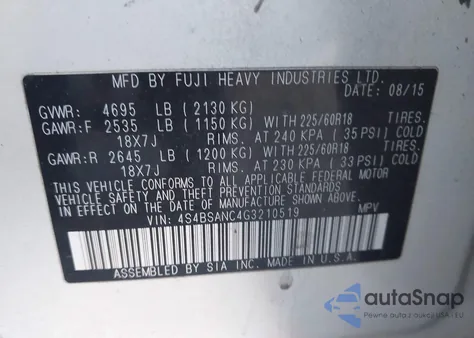 2016 Subaru Outback 2.5I Limited из США, поврежденный, VIN 4S4BSANC4G3210519